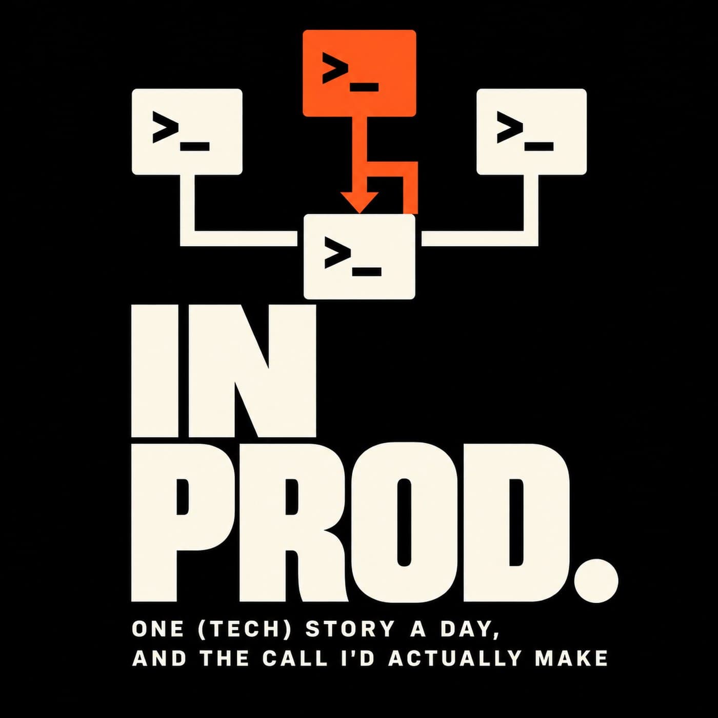 In Prod. show artwork: three pale faces and one orange face on black.